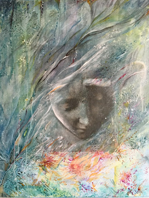 Frau versteckt, 2016, 60x70, Tusche und Öl auf Leinwand