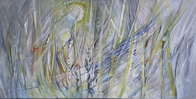 Regen, 2023, 80x30cm, Öl und Tusche auf Leinwand